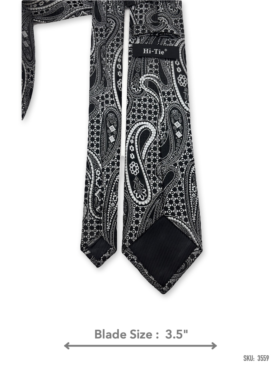3559-2 Black tie with white and grey paisley pattern – back view showing label