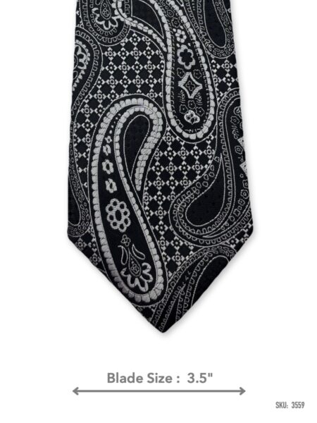 Black tie with white and grey paisley pattern – front blade view