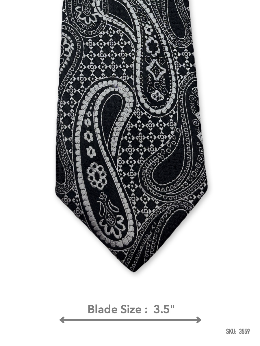 3559 Black tie with white and grey paisley pattern – front blade view