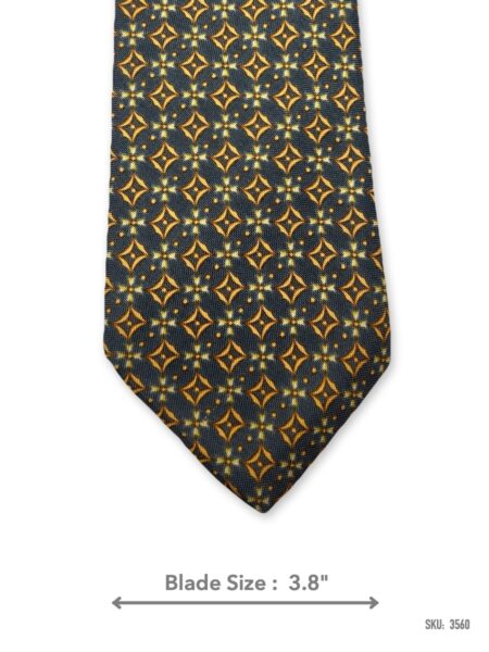 Olive green soft silk tie with gold and orange geometric pattern – front blade view
