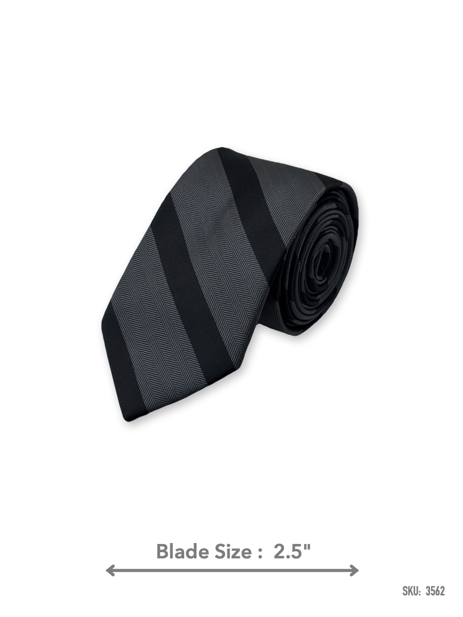 3562-1 Black and charcoal grey herringbone striped slim tie – rolled view