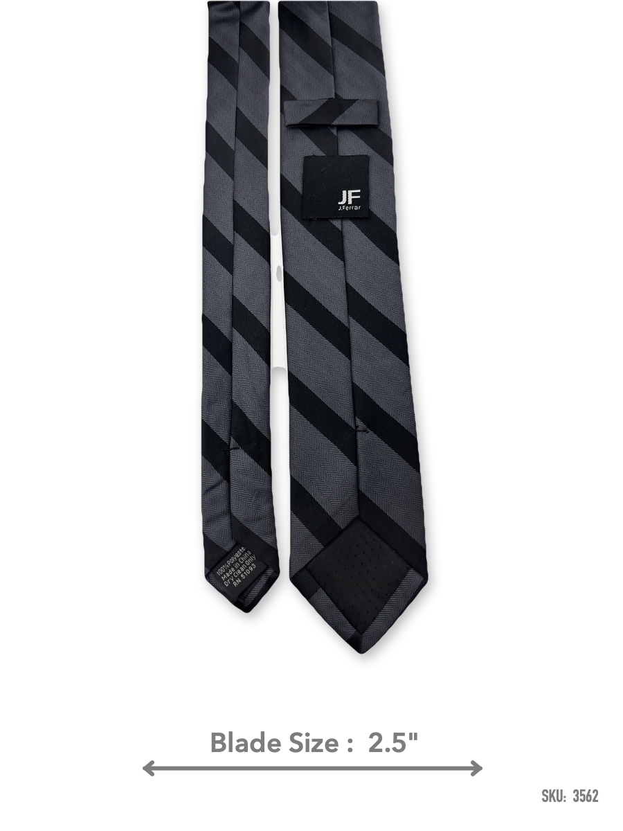 3562-2 Black and charcoal grey herringbone striped slim tie – back view showing label