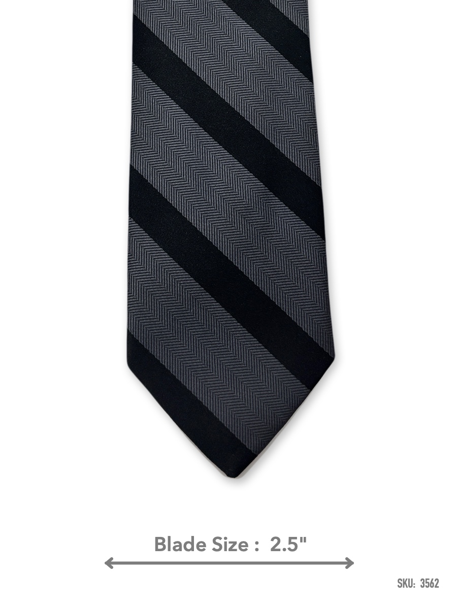3562 Black and charcoal grey herringbone striped slim tie – front blade view
