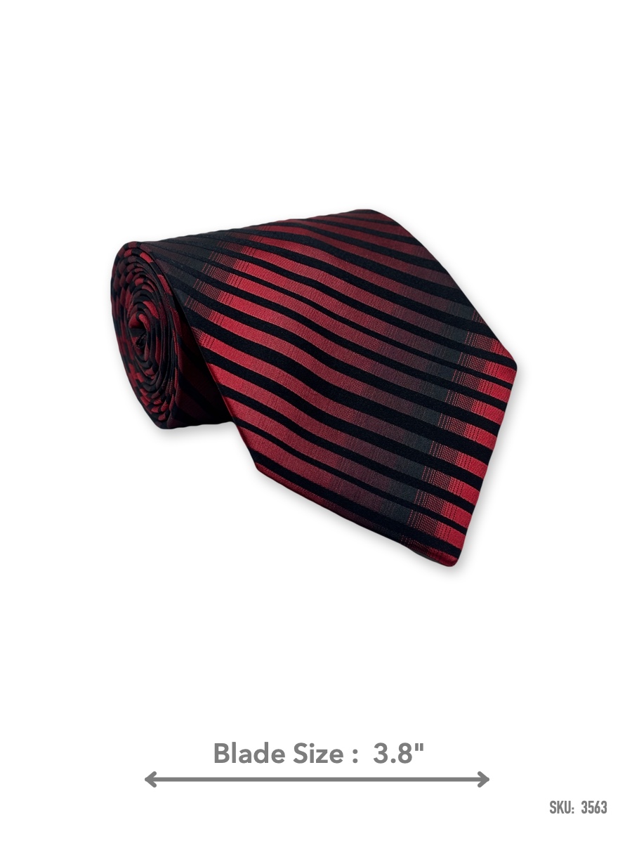 3563-1 Red and black gradient striped silk tie – rolled view