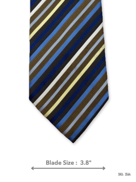 Navy blue tie with olive, cream and light blue stripes – front blade view