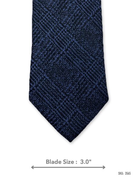 Navy blue silk tie with blue glen plaid pattern – front blade view