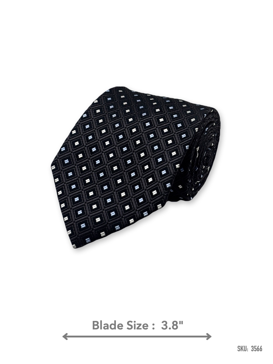 3566-1 Black silk tie with white and light blue geometric square pattern – rolled view