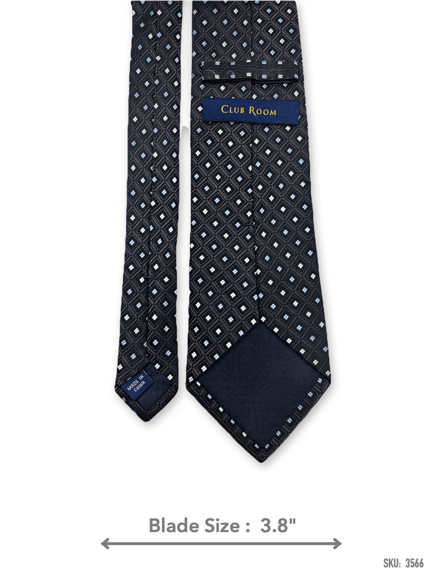 3566-2 Black silk tie with white and light blue geometric square pattern – back view showing label