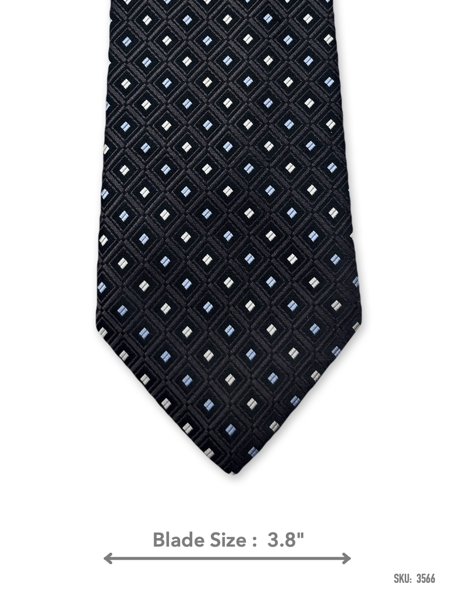3566 Black silk tie with white and light blue geometric square pattern – front blade view