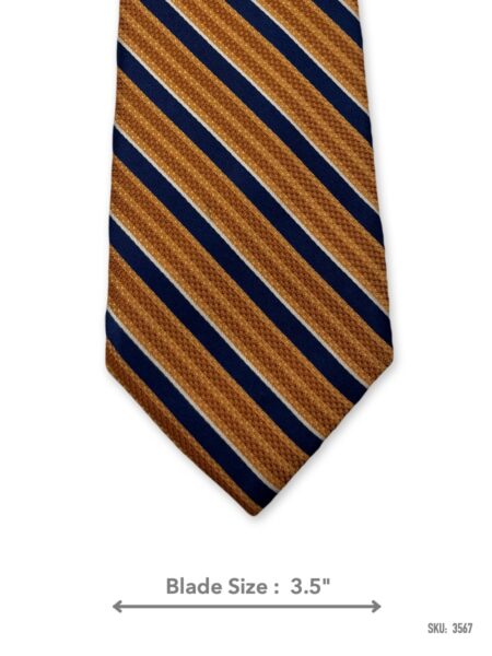 Orange silk tie with navy blue and white stripes – front blade view