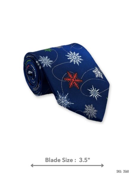 Royal blue Christmas tie with white, red and green snowflakes – rolled view