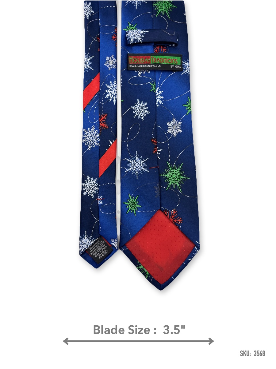 3568-2 Royal blue Christmas tie with white, red and green snowflakes – back view showing label