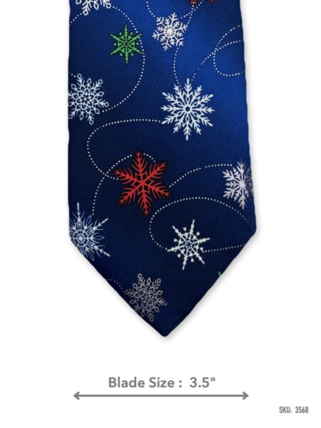 Royal blue Christmas tie with white, red and green snowflakes – front blade view