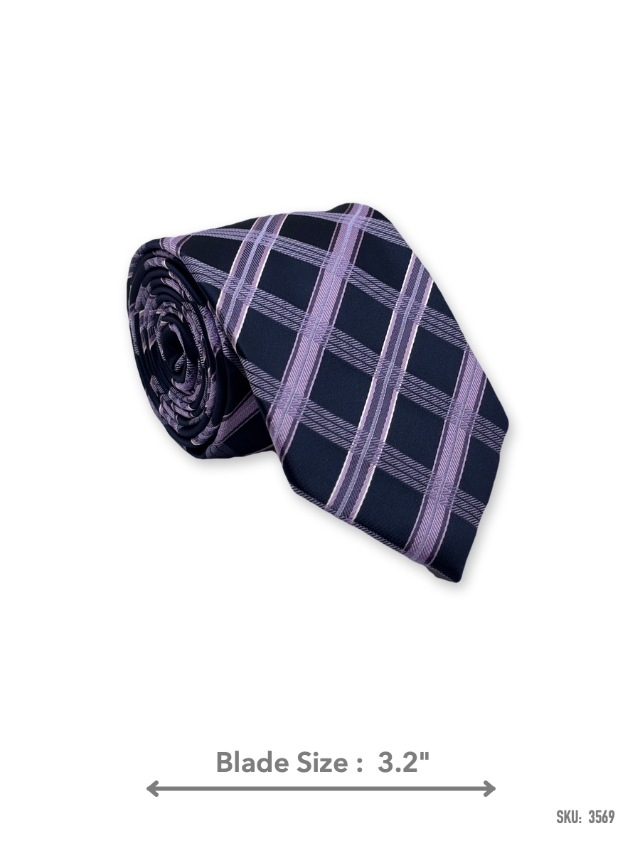 3569-1 Navy blue tie with lavender plaid pattern – rolled view