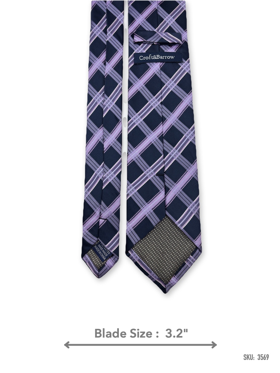 3569-2 Navy blue tie with lavender plaid pattern – back view showing label
