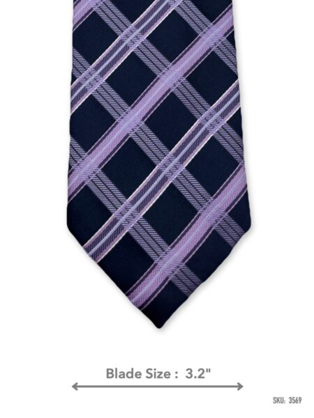 Navy blue tie with lavender plaid pattern – front blade view
