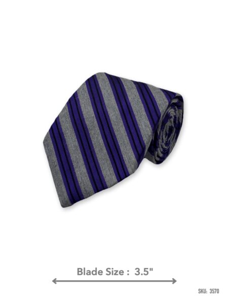 Grey and purple striped silk tie – rolled view