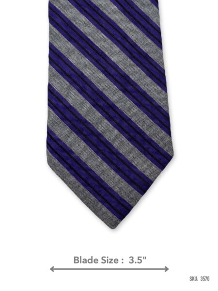 Grey and purple striped silk tie – front blade view