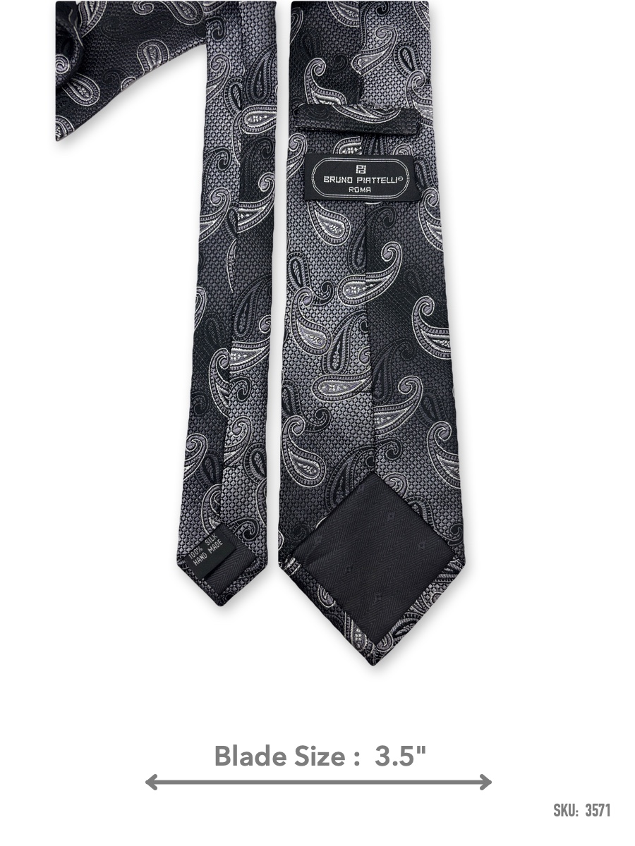 3571-2 Charcoal grey tonal paisley silk tie – back view showing label