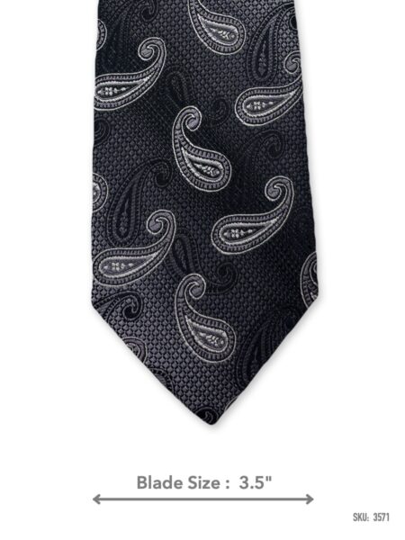 Charcoal grey tonal paisley silk tie – front blade view