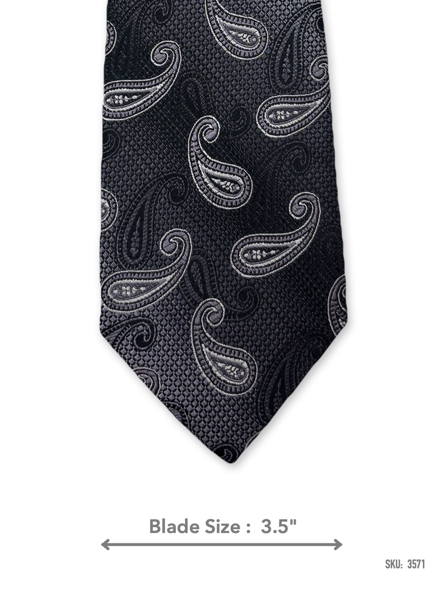 3571 Charcoal grey tonal paisley silk tie – front blade view