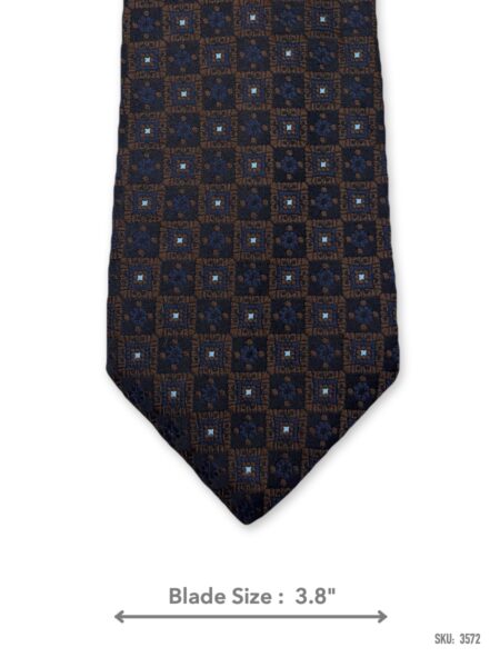 Dark brown silk tie with navy blue and rust geometric pattern – front blade view