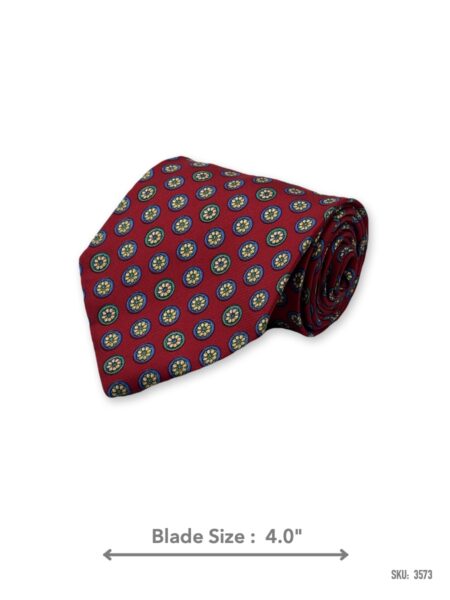 Burgundy red soft silk tie with navy, green and cream medallion pattern – rolled view