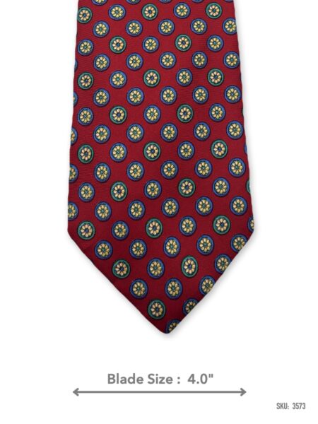 Burgundy red soft silk tie with navy, green and cream medallion pattern – front blade view
