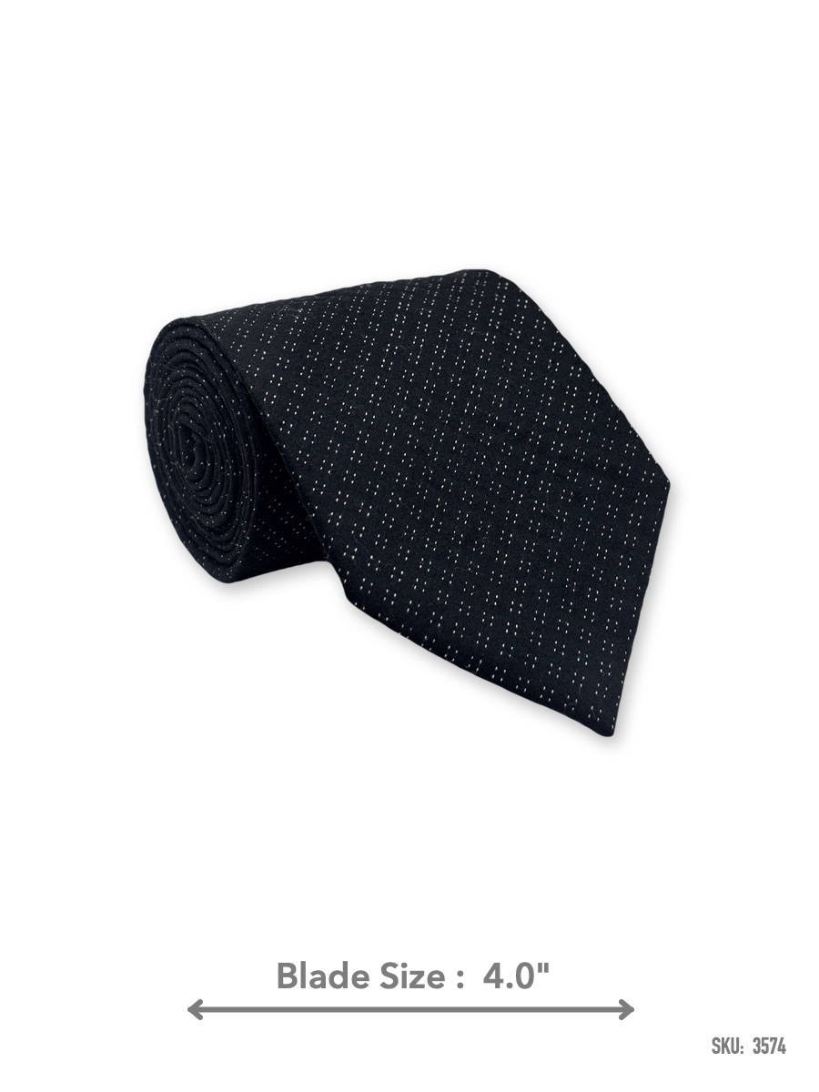 3574-1 Black silk tie with white micro dot pattern – rolled view
