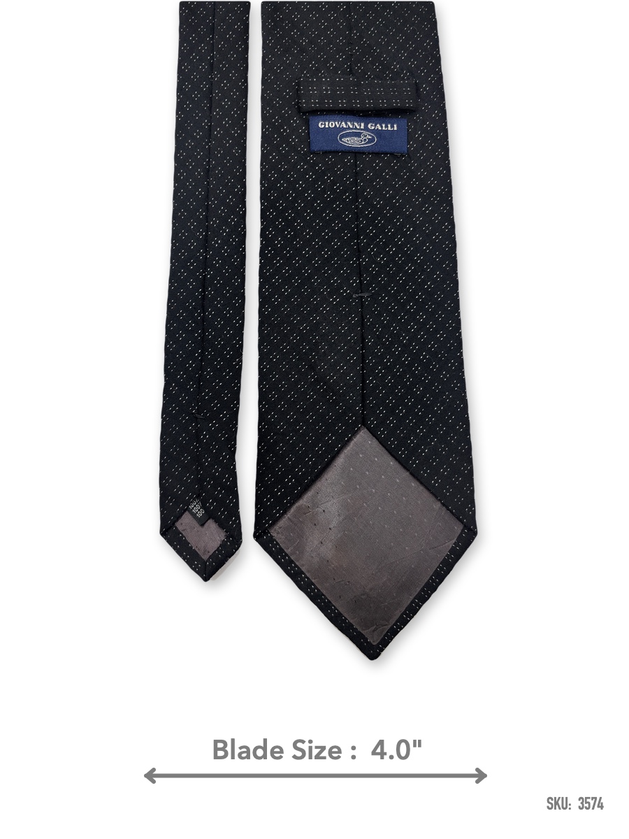 3574-2 Black silk tie with white micro dot pattern – back view showing label