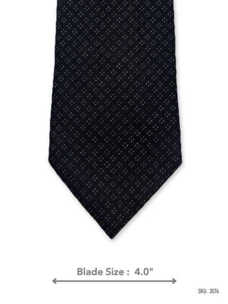 Black silk tie with white micro dot pattern – front blade view