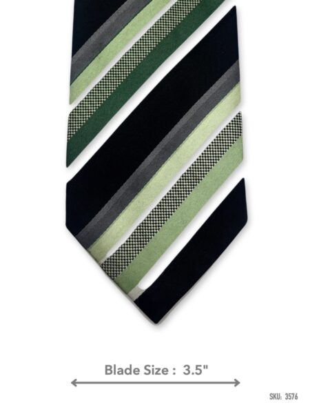 Black tie with green, light green, and grey diagonal stripes – front blade view