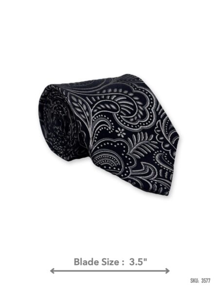 Black tie with silver grey and white paisley pattern – rolled view