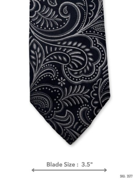 Black tie with silver grey and white paisley pattern – front blade view