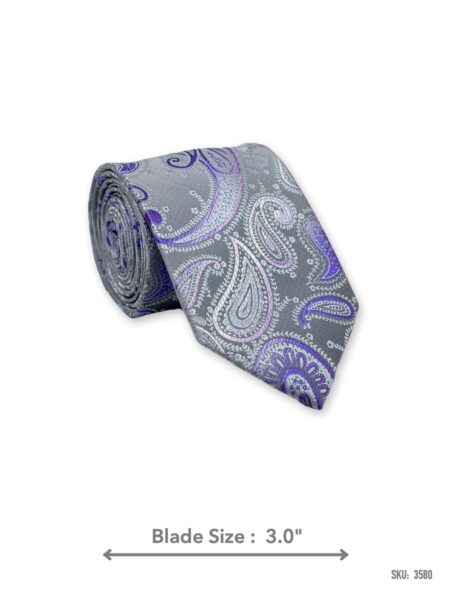 Silver grey tie with purple and lilac paisley pattern – rolled view