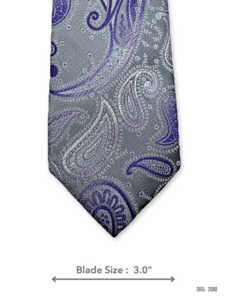 Silver grey tie with purple and lilac paisley pattern – front blade view