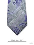 Silver grey tie with purple and lilac paisley pattern – front blade view