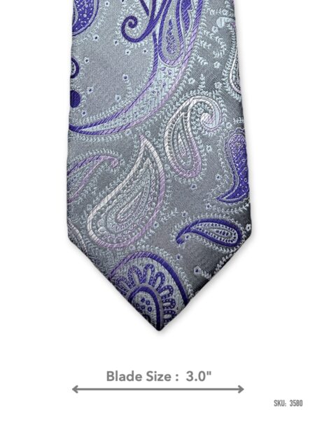 Silver grey tie with purple and lilac paisley pattern – front blade view