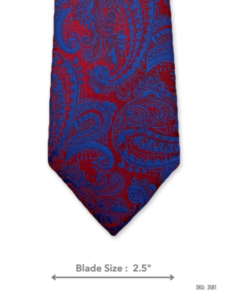Red tie with royal blue paisley pattern – front blade view