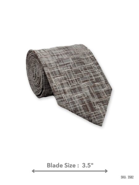 Grey tie with brown and white abstract line pattern – rolled view