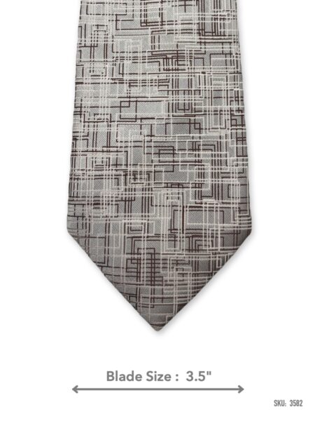 Grey tie with brown and white abstract line pattern – front blade view