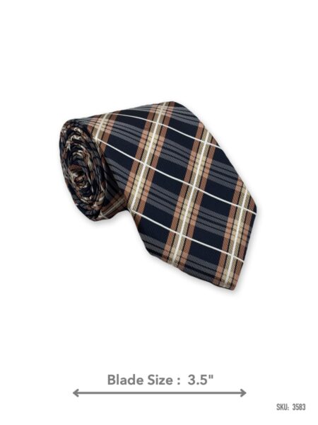 Navy blue tie with tan, cream, and white plaid pattern – rolled view