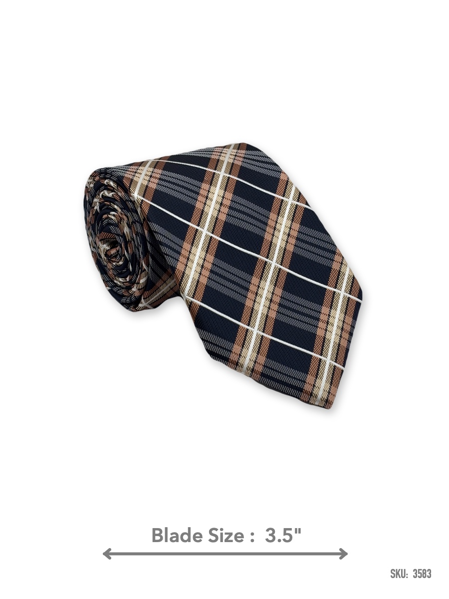 3583-1 Navy blue tie with tan, cream, and white plaid pattern – rolled view