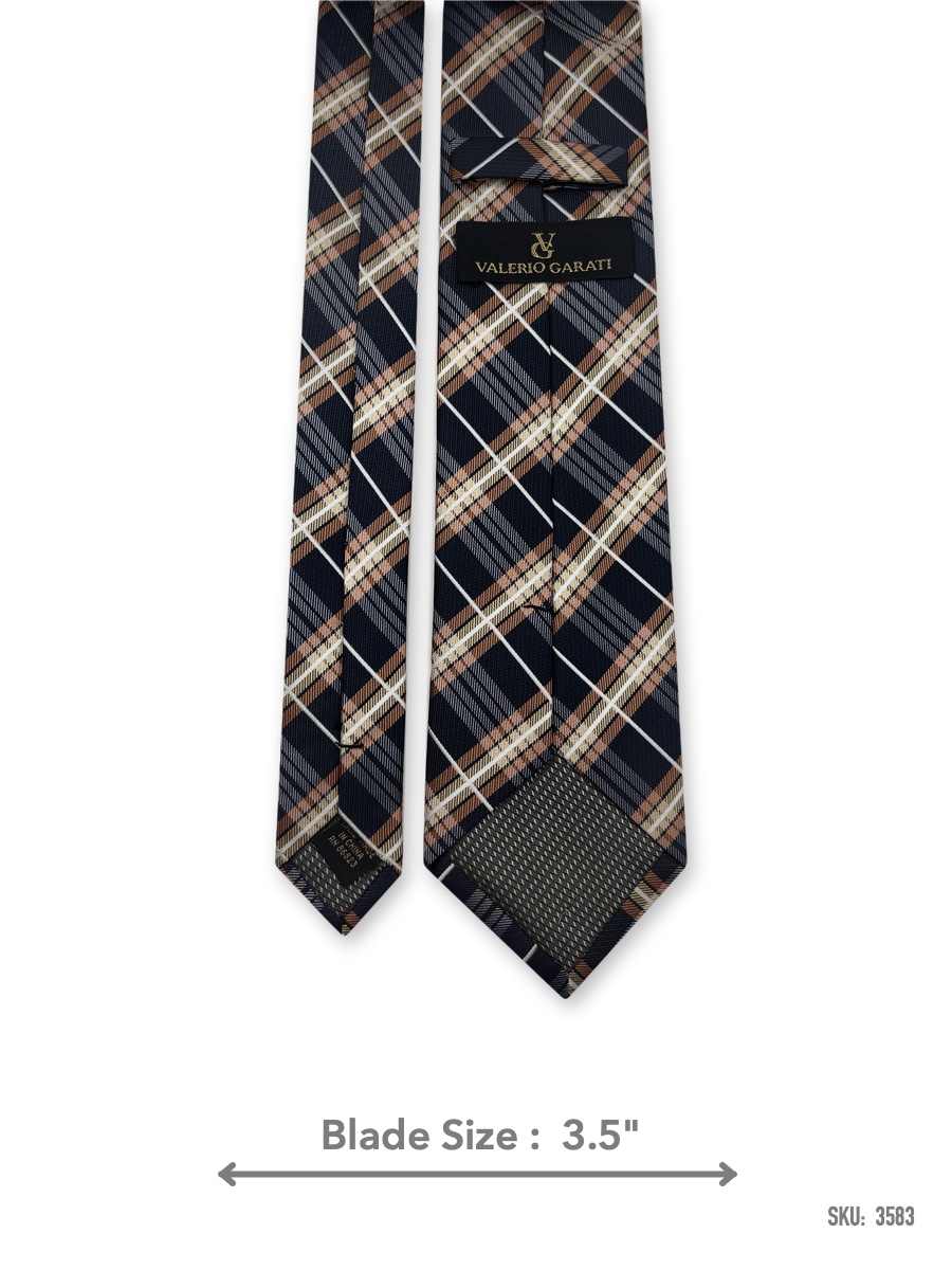 3583-2 Navy blue tie with tan, cream, and white plaid pattern – back view showing label