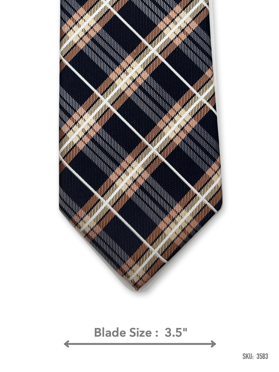 3583 Navy blue tie with tan, cream, and white plaid pattern – front blade view