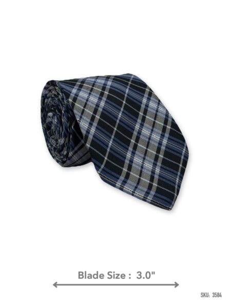 Navy blue silk tie with light blue and white plaid pattern – rolled view