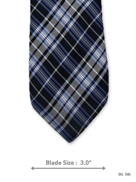 Navy blue silk tie with light blue and white plaid pattern – front blade view