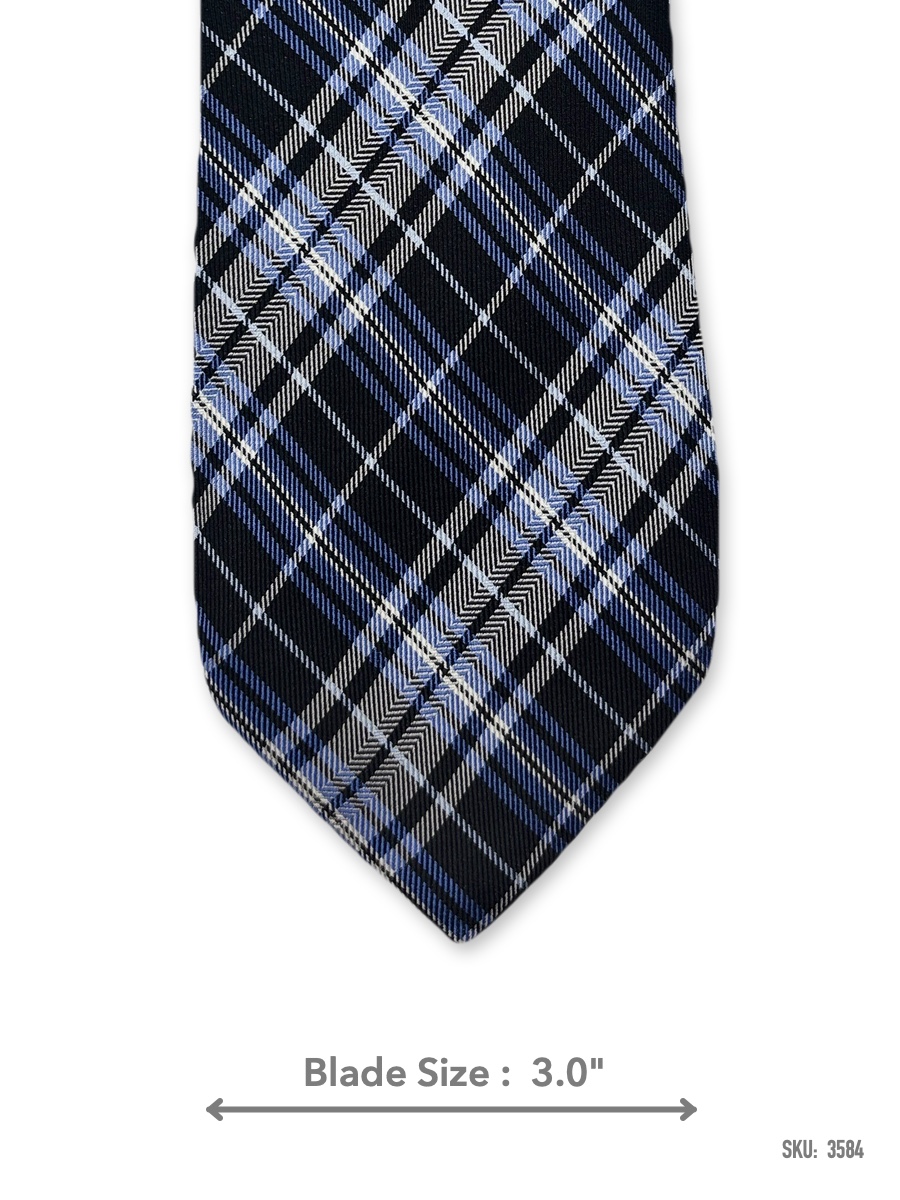 3584 Navy blue silk tie with light blue and white plaid pattern – front blade view