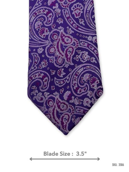 Purple silk tie with pink and lilac paisley pattern – front blade view
