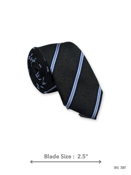 Black silk tie with light blue diagonal stripes – rolled view